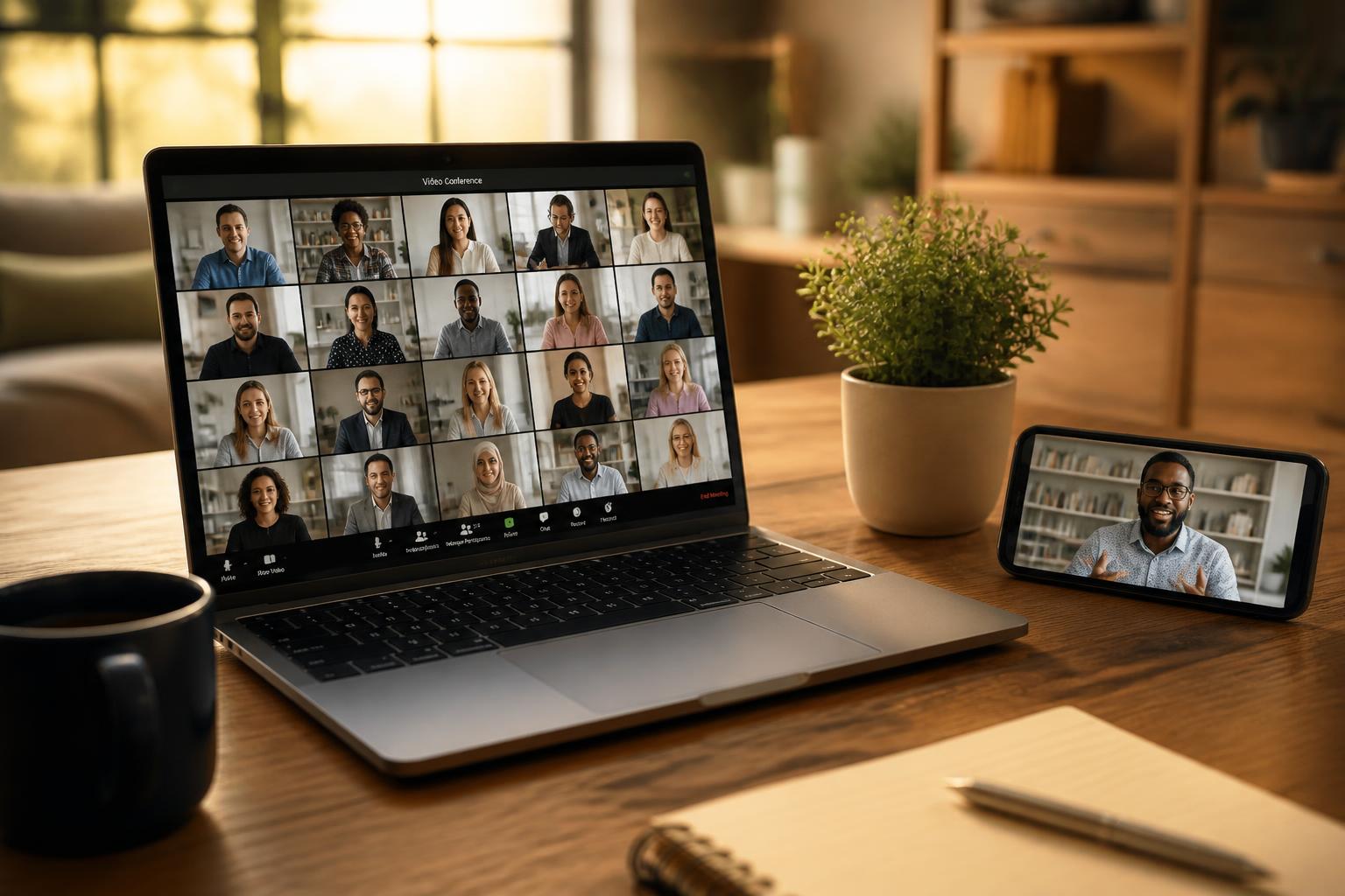 Notebook e celular exibindo um encontro ao vivo da Ânima