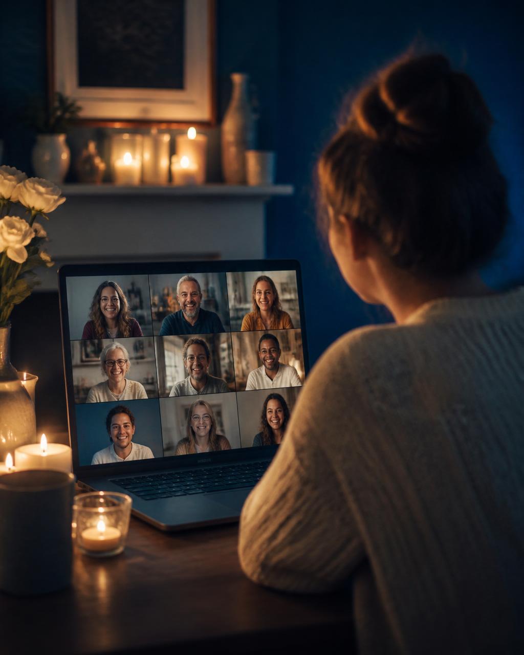 Mulher participando de um encontro ao vivo da comunidade pelo notebook