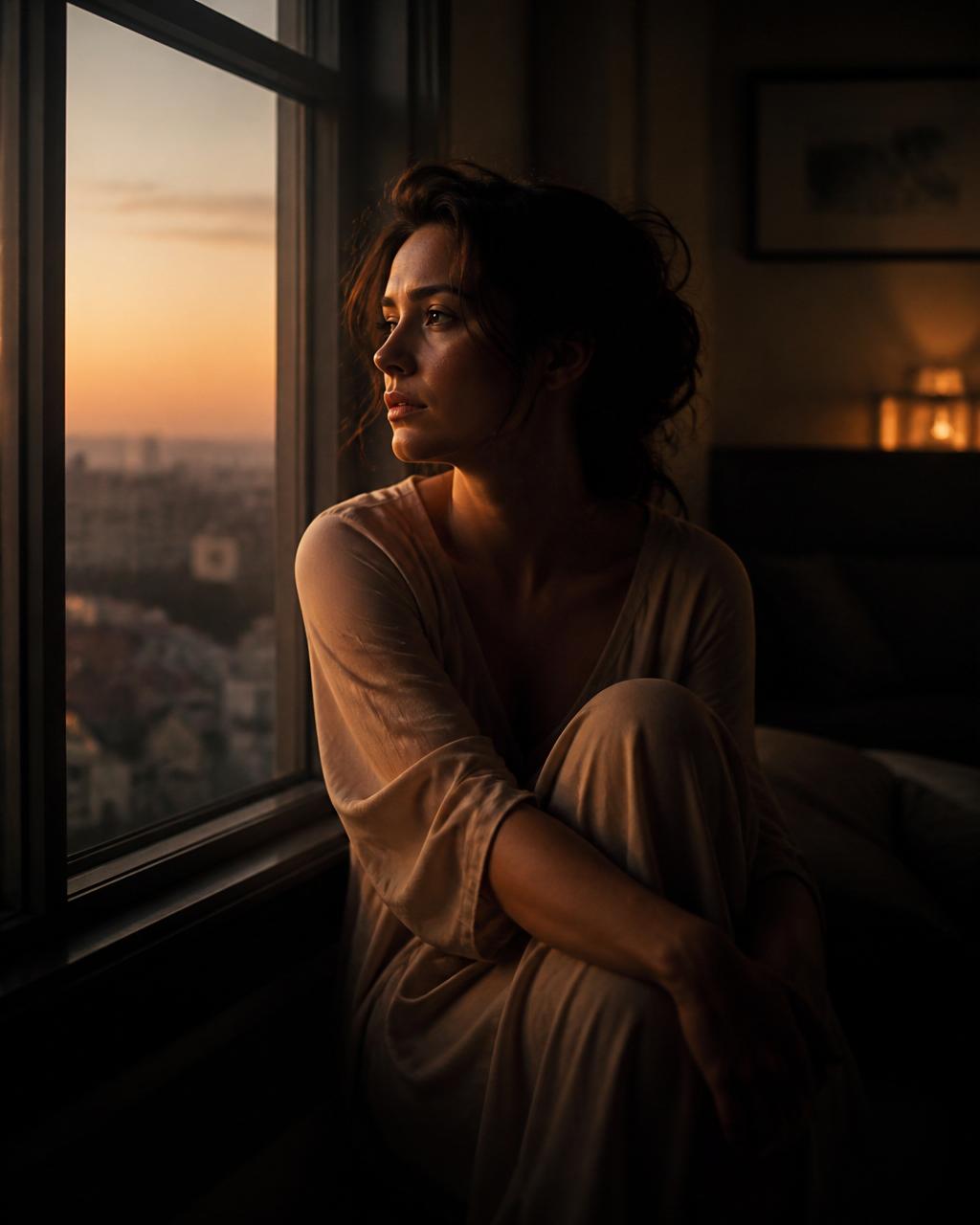 Mulher contemplativa olhando pela janela ao entardecer